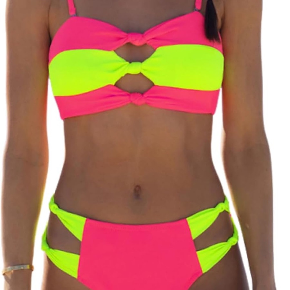 Color Block Neon Pink and Yellow Women's Bikini Set Size Large